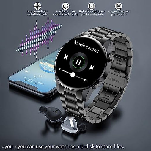 Smart Watch for Android/IOS, 1.3'' Touchscreen Watch Support Voice Call, NFC,Heart Rate Sleep Monitor Activity Fitness Tracker Pedometer IP67 Waterproof Black Stainless Steel Men's Smartwatch