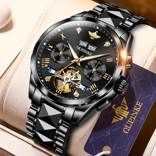 OUPINKE Men's Watch Automatic 44mm Big Dial Tungsten Steel Strap Date Waterproof Luxury Sapphire Crystal