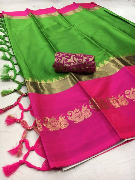 Green & Pink Beautiful Silk Saree With Blouse