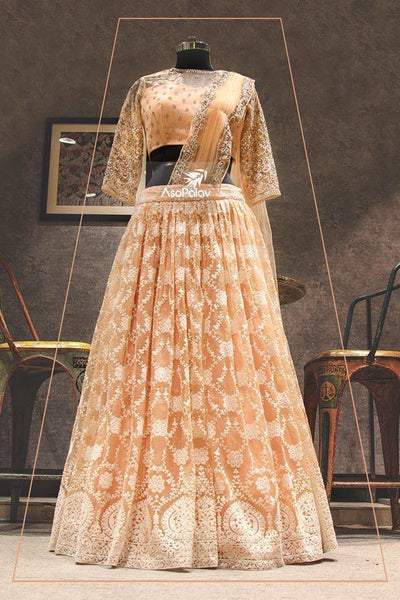 Cream Colour Bollywood Style Designer Georgette With Embroidery Work Lehenga Choli