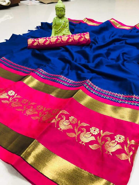 EXOTIC COLLECTION BLUE & PINK SILK SAREE WITH BLOUSE