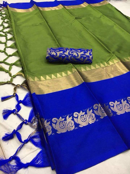 Green & Blue Stylish Silk Saree With Blouse