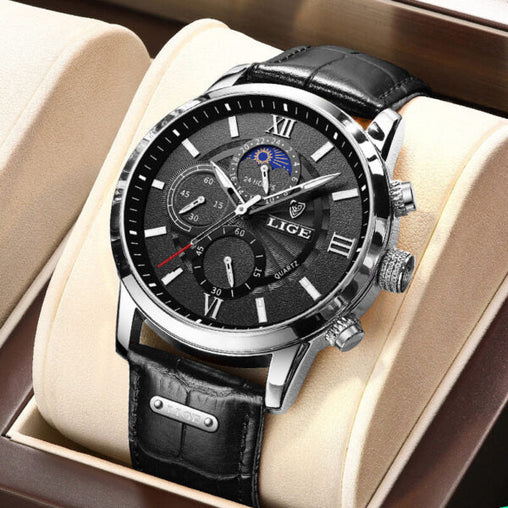 The Topic-Mens Watches Waterproof Chronograph Stainless Steel Dial Analog Quartz Wristwatch Fashion Casual Leather Gents Watch