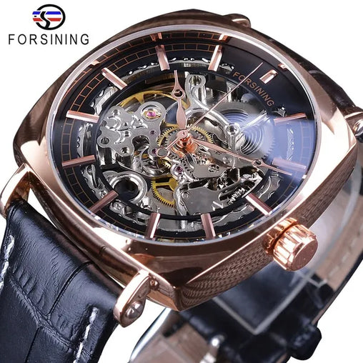The Topic-man Black Genuine Leather Fashion Royal Luxury Gold Clock Transparent Skeleton Men Automatic Mechanical Watches Top Brand