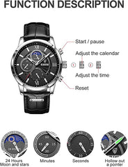 The Topic-Mens Watches Waterproof Chronograph Stainless Steel Dial Analog Quartz Wristwatch Fashion Casual Leather Gents Watch