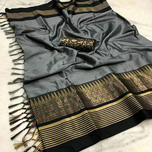 Exotic Collection Grey & Black Silk Saree With Blouse