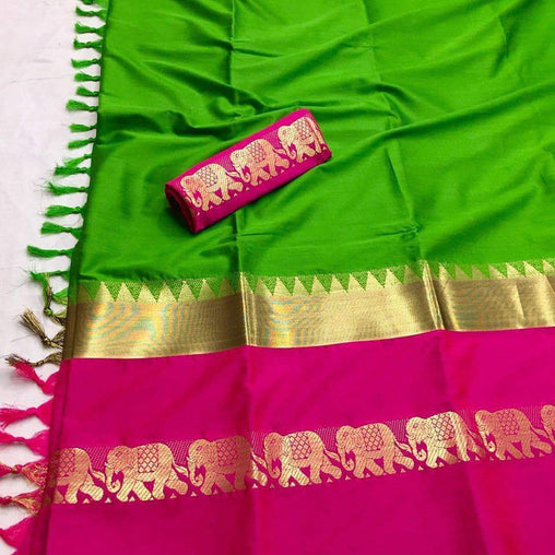 EXOTIC COLLECTION GREEN & PINK SILK SAREE WITH BLOUSE
