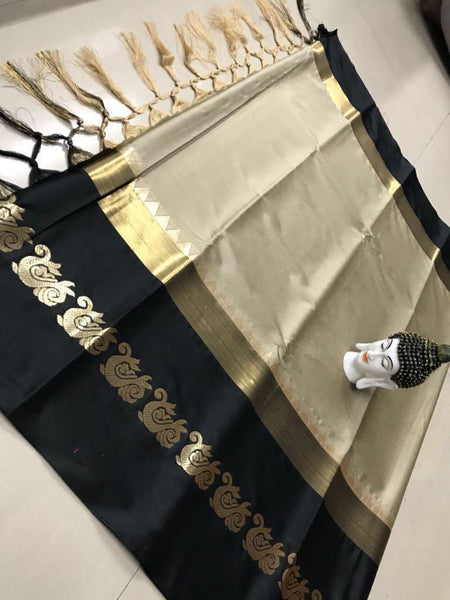 Cream & Black Fashionable Silk Saree With Blouse