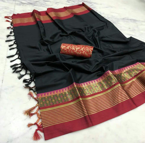 Exotic Collection Black & Red Silk Saree With Blouse