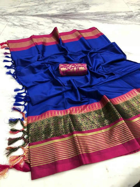 Exotic Collection Blue & Red Silk Saree With Blouse