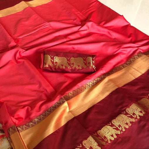 EXOTIC COLLECTION PINK & RED SILK SAREE WITH BLOUSE