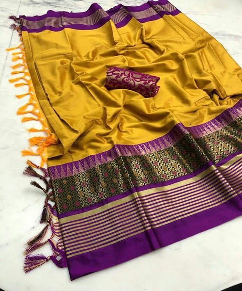 Exotic Collection Yellow & Purple Silk Saree With Blouse