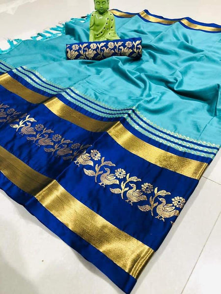 EXOTIC COLLECTION SKY BLUE & BLUE SILK SAREE WITH BLOUSE