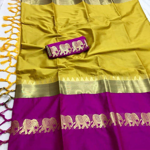EXOTIC COLLECTION YELLOW & PURPLE SILK SAREE WITH BLOUSE