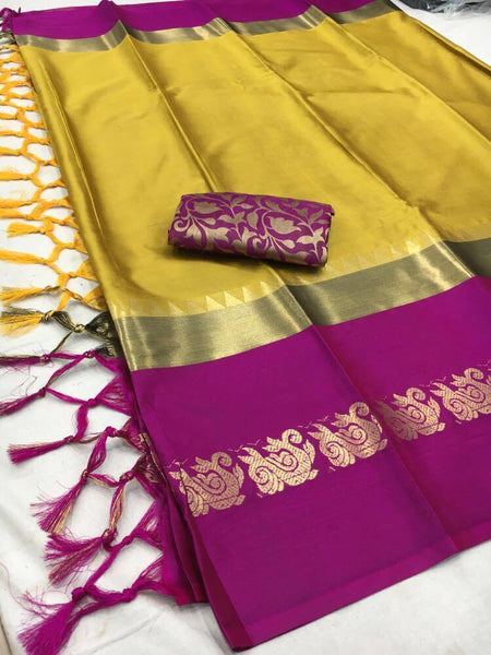 Yellow & Pink Beautiful Silk Saree With Blouse