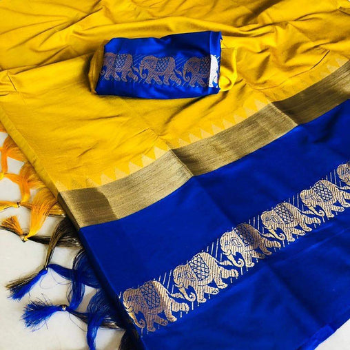 EXOTIC COLLECTION YELLOW & BLUE SILK SAREE WITH BLOUSE