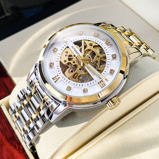 The Topic Mens Watches Mechanical Automatic Self-Winding Stainless Steel Skeleton Luxury Waterproof Diamond Dial Wrist Watches for Men