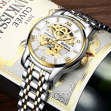 The Topic Mens Watches Mechanical Automatic Self-Winding Stainless Steel Skeleton Luxury Waterproof Diamond Dial Wrist Watches for Men
