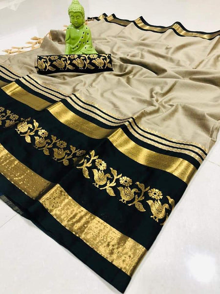 EXOTIC COLLECTION GREY & BLACK SILK SAREE WITH BLOUSE