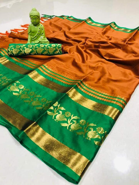 EXOTIC COLLECTION ORANGE & GREEN SILK SAREE WITH BLOUSE
