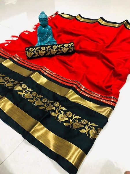 EXOTIC COLLECTION RED & BLACK SILK SAREE WITH BLOUSE