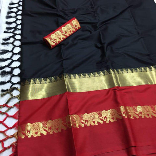 EXOTIC COLLECTION BLACK & RED SILK SAREE WITH BLOUSE