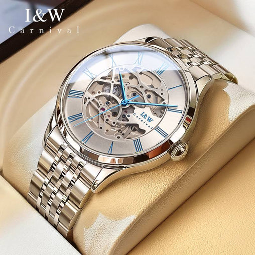 Mens Skeleton Watches Stainless Steel Waterproof Luxury Transparent Mechanical Business Male Wrist Watches