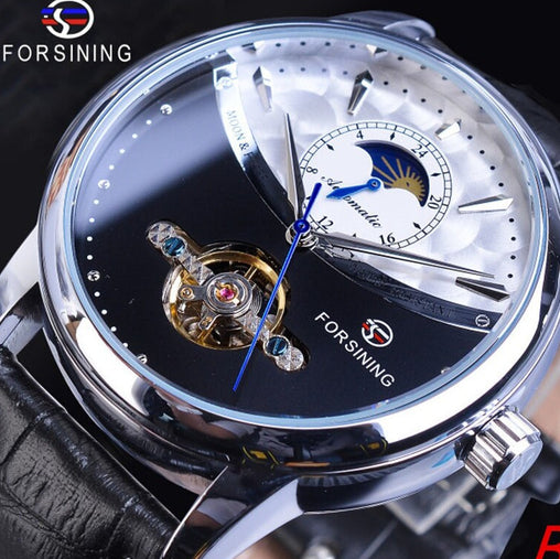 The Topic-WATERPROOF Tourbillon Blue Automatic Men Watch Mechanical Moon Phase Genuine Leather